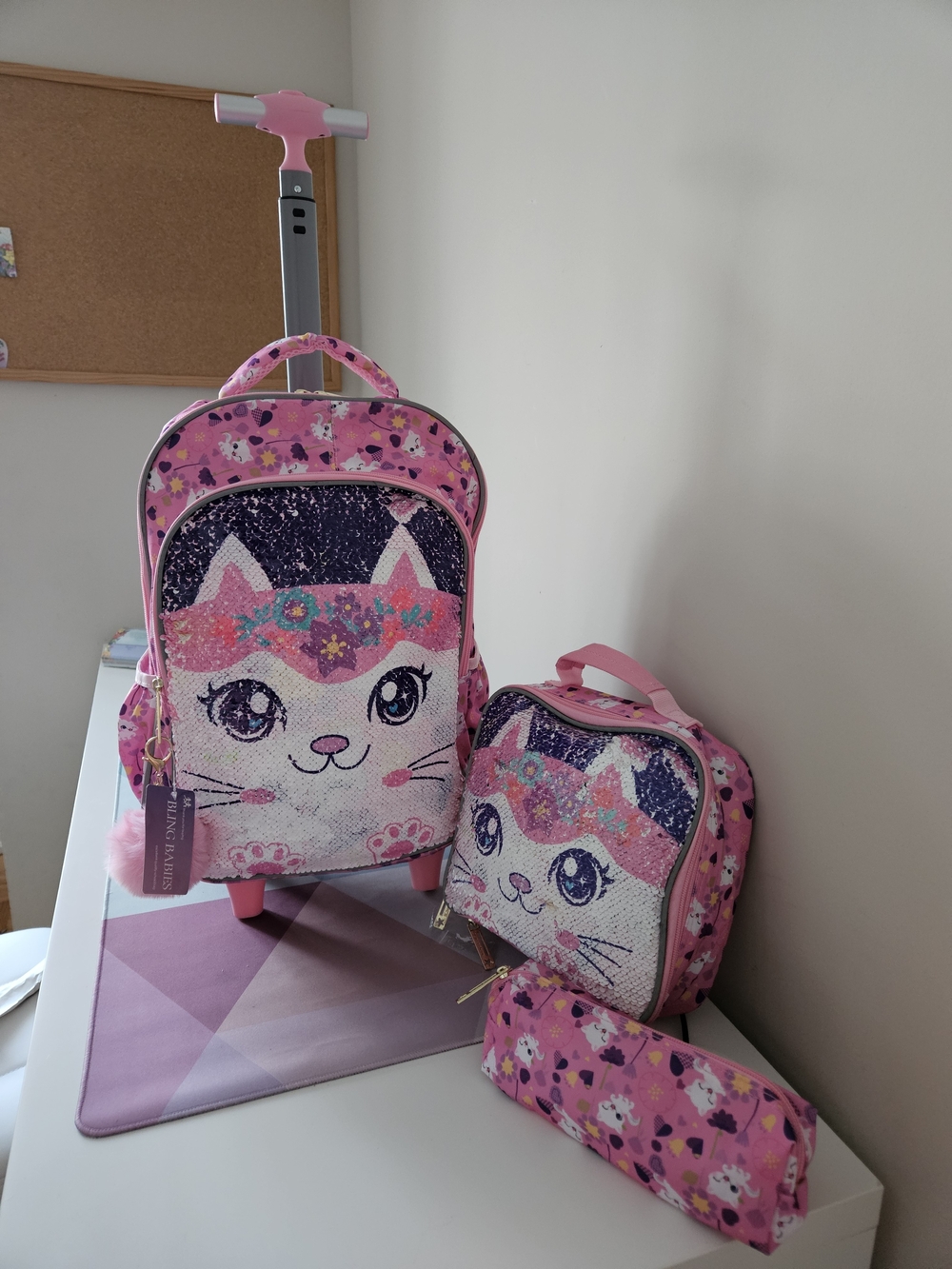 3pc Girls Rolling Backpack Set - Flip Sequin Cat School Bag, Lunch Box & Pencil